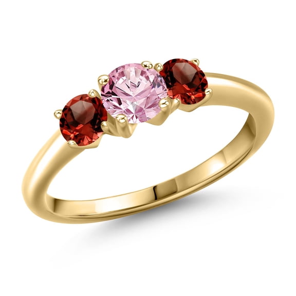 Gem Stone King 10K Yellow Gold Pink Lab Grown Diamond and Red Garnet Engagement Ring for Women | 1.24 Cttw | Round 5MM | Gemstone April Birthstone | Size 6