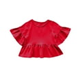 thumbnail image 3 of LLYWEY Toddler Girls Ruffle T-Shirts - Girls’ Summer Tops 2025 Casual Round Neck Ruffle Short Sleeve Blouse Shirts Solid Color Babydoll T-Shirt, Red, 140, 3 of 3