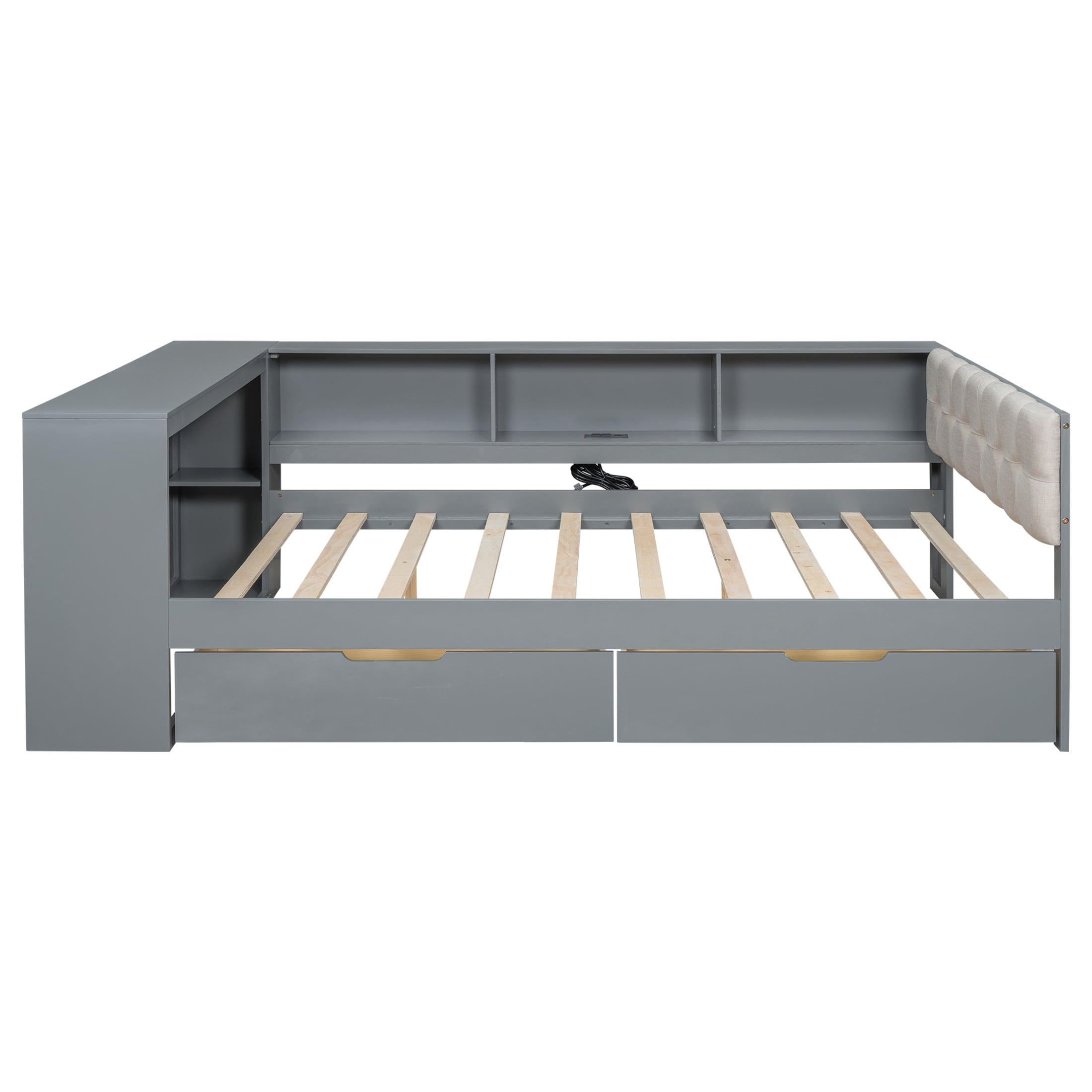 Noble House Udolf Full Platform Bed with Upholstered Headboard, Storage Shelves and Drawers, Charging Station, Gray