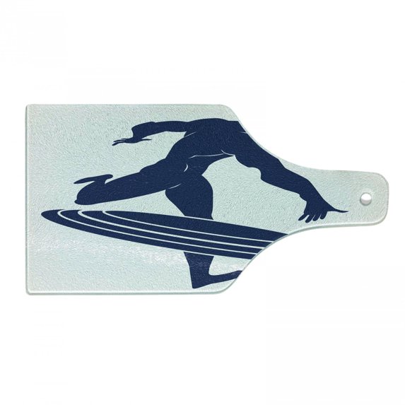 Superhero Cutting Board, Muscle Man Hero Throws His Frisbee Muscular Silhouette Disc Sports Theme, Tempered Glass Cutting and Serving Board, Wine Bottle Shape, White Navy Blue, by Ambesonne