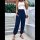 thumbnail image 4 of Pantalones de Verano Bohemios Informales de Negocios, Plisados, Elásticos, de Cintura Alta, de Pierna y con Bolsillos para Mujer. Azul Marino L, 4 of 9