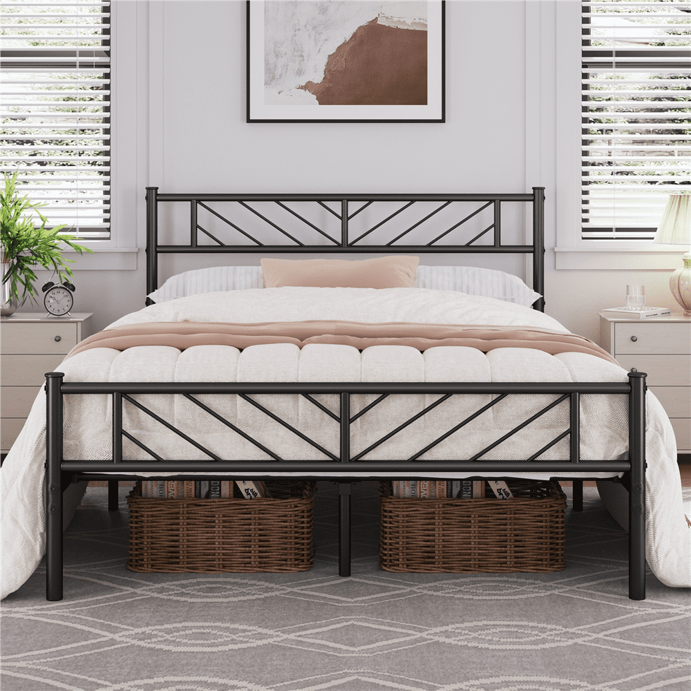 Renwick Justice Queen Size Metal Platform Bed with Arrow Design, Adult, Black