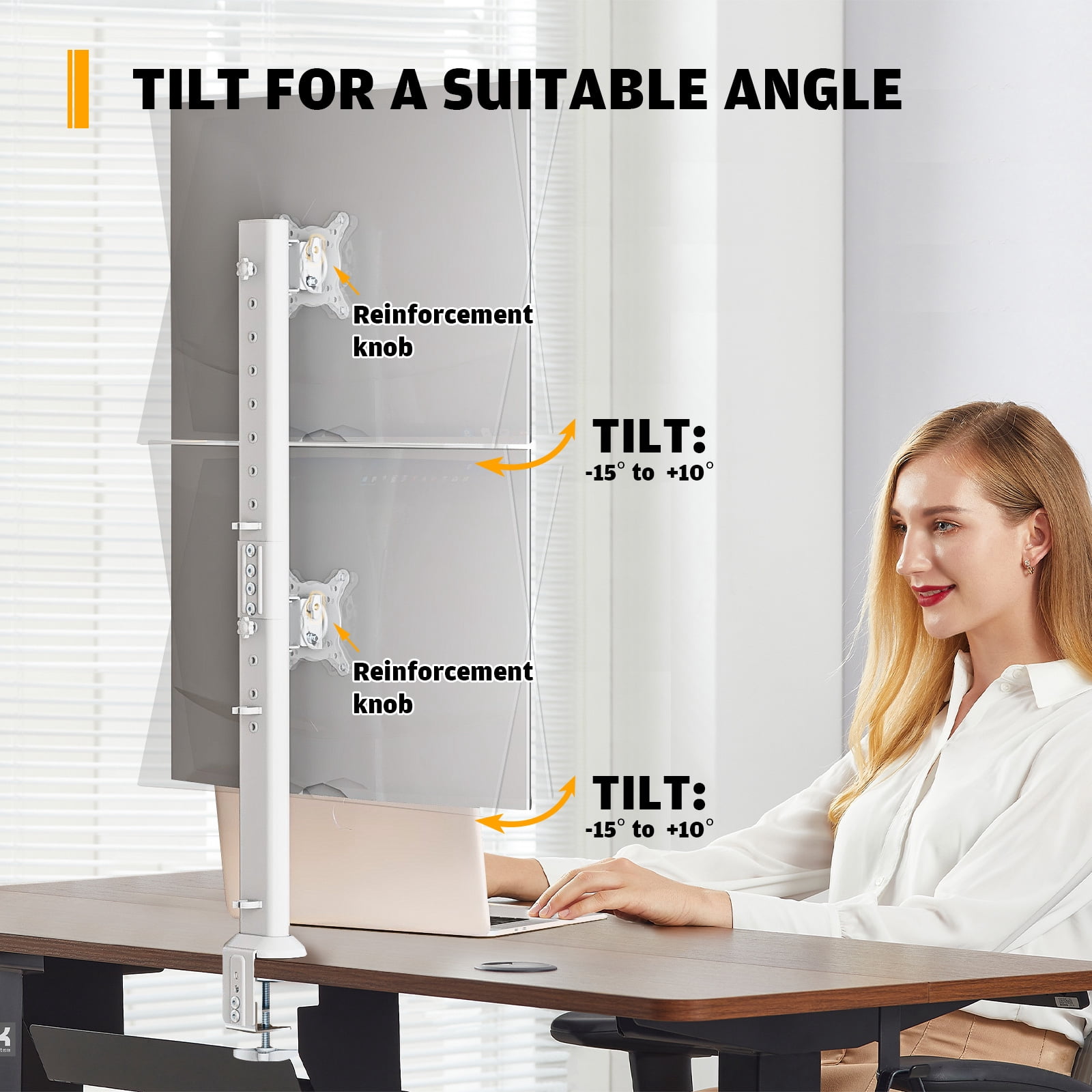 Hemudu Dual Monitor Articulating Desk Mount Arm Stand - Vertical Stack Screen Supports Two 13 to 34 Inch Computer Monitors with C Clamp White