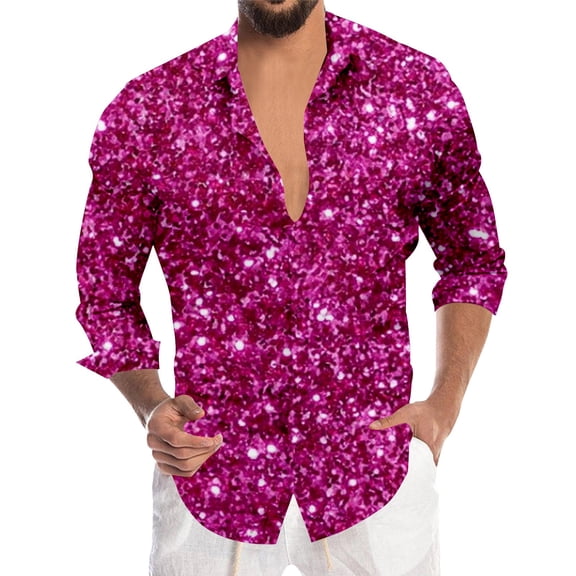 Bainana Long Sleeve Shirt For Men Sequin Print Button Up Lapel Collar Tops Fashion Casual Men's Mardi Gras Festival T-Shirts Pink Size L