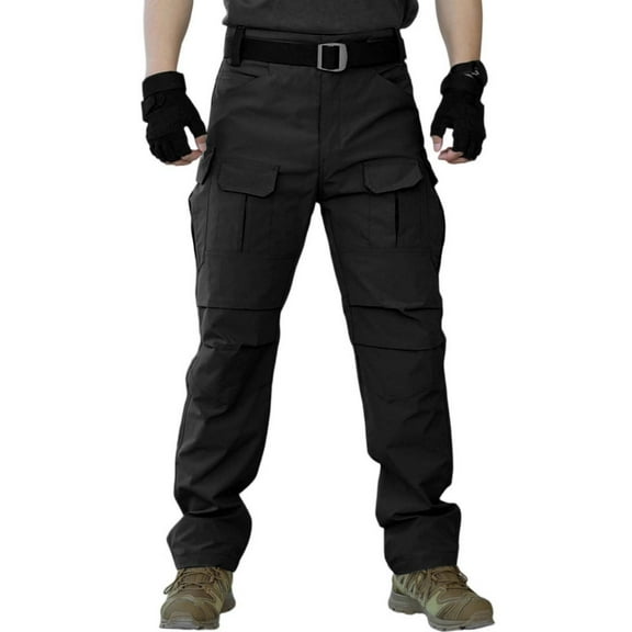 Water-Resistant Ripstop Tactical Cargo Work Pants Multi-Pocket Outdoor Hiking Camping Fishing Construction Pants - Black, Size L No Belt Included