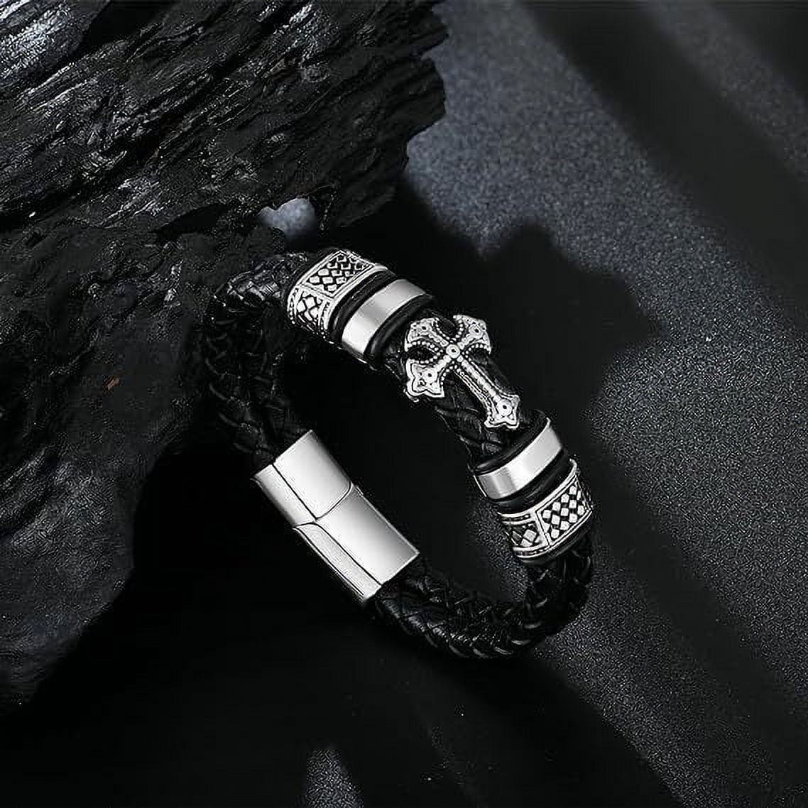 Raymard Mens Christian Cross Double Row Leather Bracelet - 6.8" Black Braided Bracelet for Men