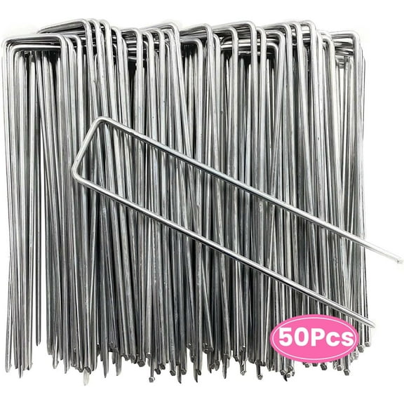 Landscape Staples 6 Inch 50 Pack Garden Stakes Galvanized Lawn Stake U-Type Turf Staples for Weed Barrier Fabric Holding Fence Rust Proof Sod Pins Stakes for Securing Netting Ground Sheets
