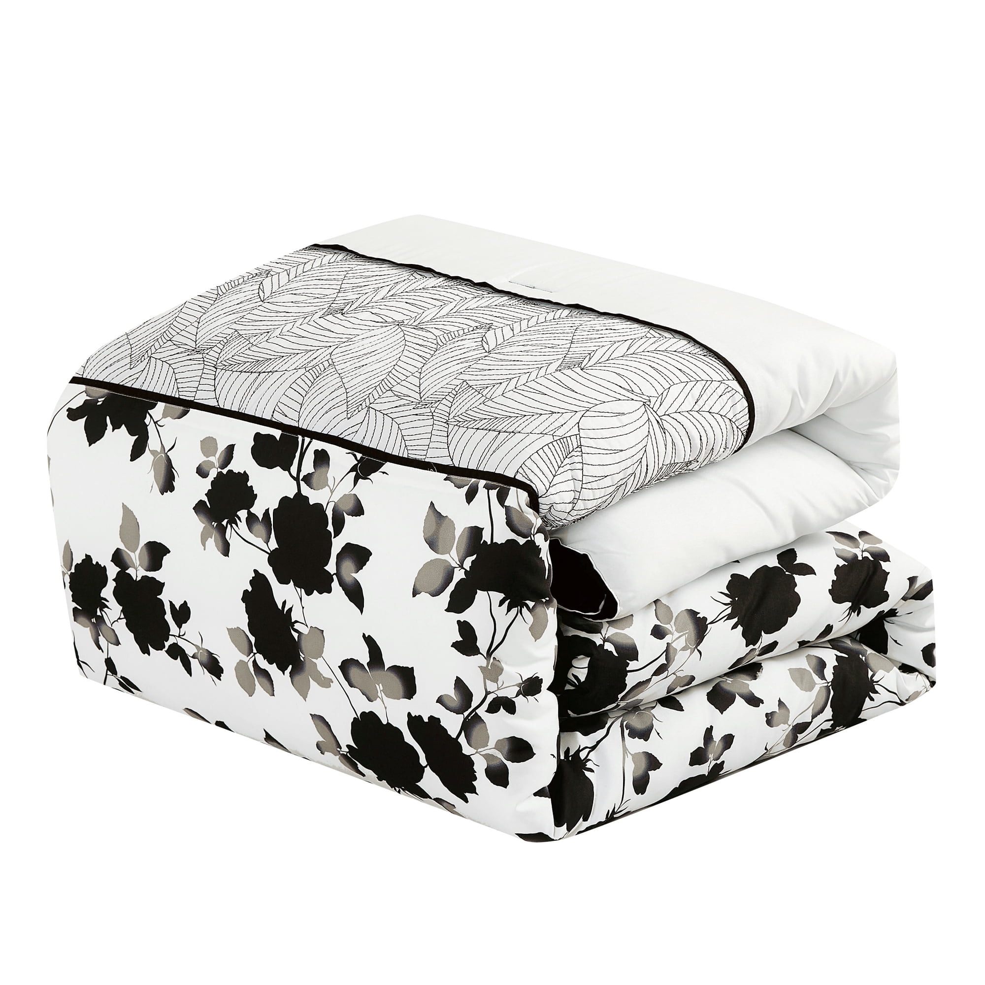 EvJk 7-Piece Comforter Set in Black Leaf & Embroidered Design - Queen Size Bedding Luxuriously Soft, Fashionable Bedding with Decorative Pillows for Elegant Bedroom Styling.