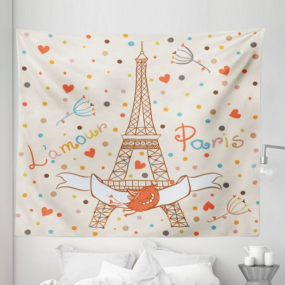 Honeymoon Tapestry, Paris Eiffel Tower Love Birds Ribbon Colorful Polka Dots Vacation Theme Image, Fabric Wall Hanging Decor for Bedroom Living Room Dorm, 5 Sizes, Multicolor, by Ambesonne