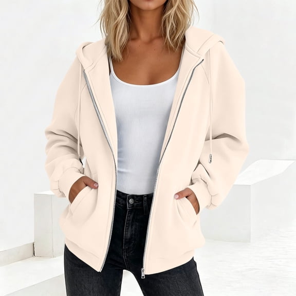 Zip up Hoodies for Women Long Sleeve Sweatshirts Casual Fall Jacket Coat with Pocket,Beige,L
