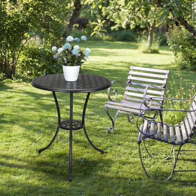 IdealHouse Table Bistro Ronde en Aluminium Coulé de 23,6 Pouces, Table de Salle à Manger d'Extérieur Résistante à la Rouille avec Trou pour Parasol de 2 Pouces, Table d'Appoint pour Café Étanche pour Cour, Balcon, Jardin et Cour Arrière, Noir