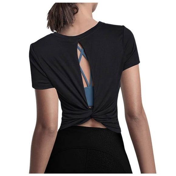 Women's Open Back Short Sleeve Crop Top - Loose Athletic Yoga Workout Casual Cropped Tee Shirt