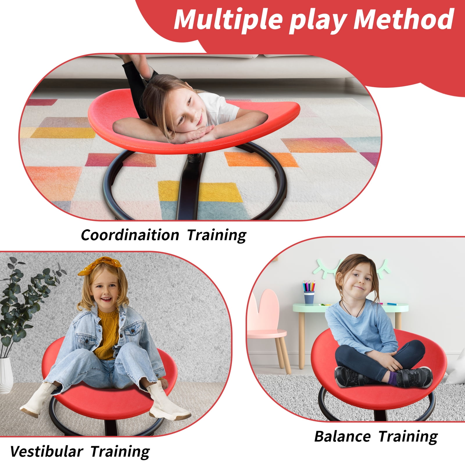 Sensory Spinning Chair for Autistic Kids, Swivel Chair, Sensory Toys Gifts for Toddlers with ADHD, Sit and Spin Toys,Training Body Coordination, Indoor & Outdoor, RED