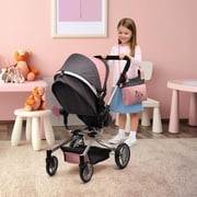 Dolls To Play Convertible Baby Doll Stroller 2-in-1 Pretend Play Pram with Adjustable Handle, Basket & Bag, Pink