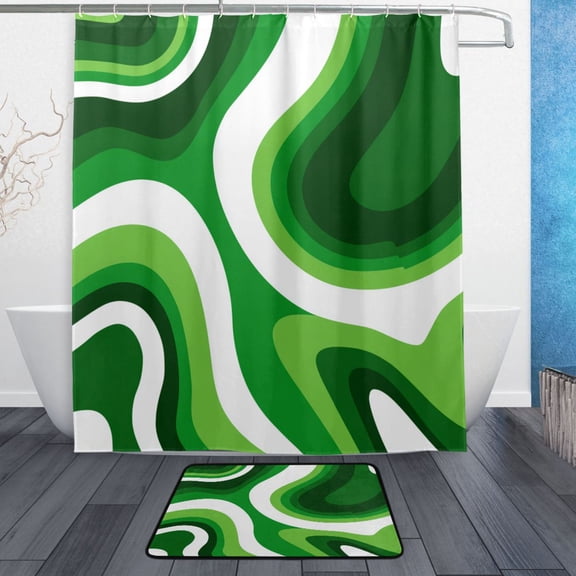 TTYFWHD 60" x 72" Shower Curtain and Bath Mat Set Deep Green Thick Lines Waterproof Bathroom Curtain with 12 Hooks, Bathroom Decor Set