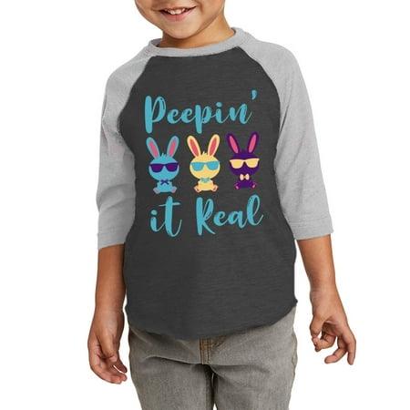 

Blue Peepin` It Real Graphic Toddler Raglan - Happy Easter Day Tshirt for Kids - Christian Shirt Gifts