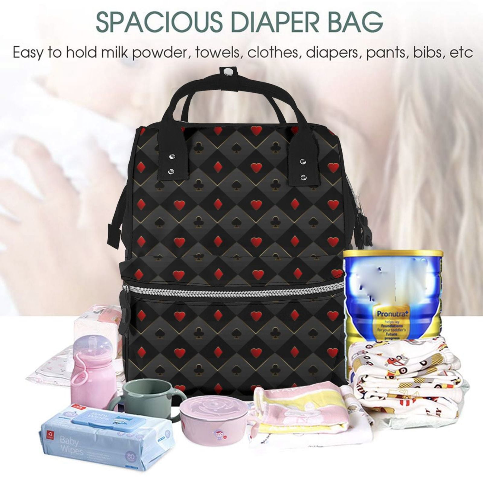 Ratiio Red Poker Mummy Backpack - Waterproof Twill Canvas, Large Capacity Diaper Bag with Multiple Pockets and Adjustable Straps