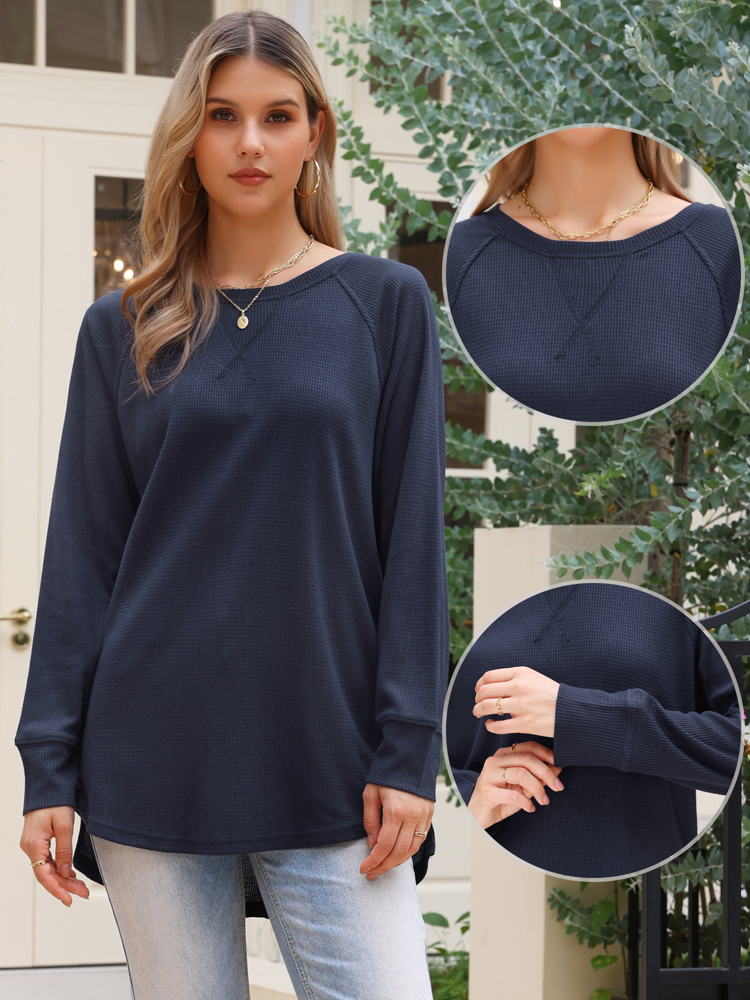 DARING DIVA Women's Crew Neck Loose Long Sleeve Waffle Knit Top XS Dark Blue