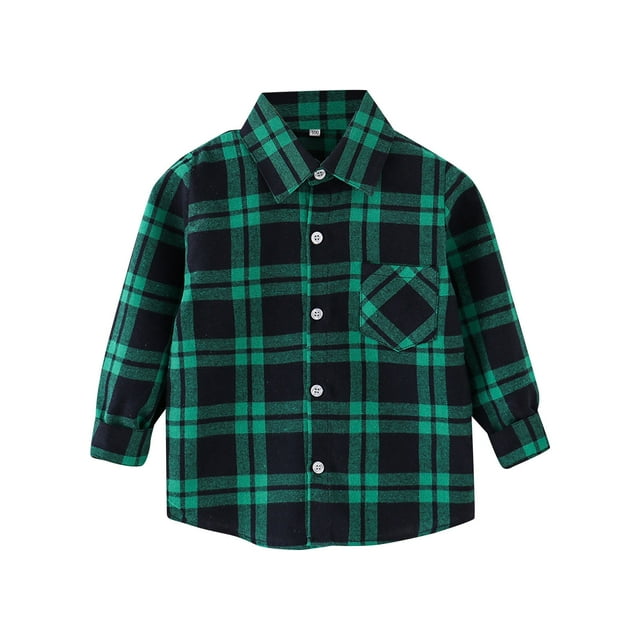 PMVFHDE Hauts Basiques Enfants Tout-Petits Veste en Flanelle Chemise à Carreaux à Carreaux Rayée Chemise à Manches Longues Boutonnée Col à Revers Garçons Filles Chemise Haut Manteau Vêtement d'Extérieur, Vert, 3-4 Ans