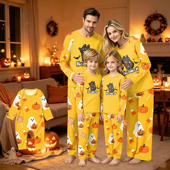 Halloween Pajamas Family Matching Set - 2 piece Ghost Pumpkin Print Long Sleeve Top & Pants Loungewear,Halloween Pajamas for Family Matching Sets & Xmas for 80 Pjs