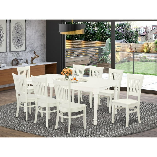 East West Furniture Dova9 Lwh W 9 Piece Wooden Dining Table Set 8 Kitchen Chair With Slatted Back And A Solid Wood Seat Erfly Leaf Rectangular Top Erfly Leaf Wood Dining Table, White Dining Room Table Set For 8
