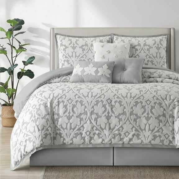 Lanco 7 Piece Floral Comforter Set, Color White Grey, Queen Size, Jacquard Bedding Set with Bedskirt, Pillows & Shams