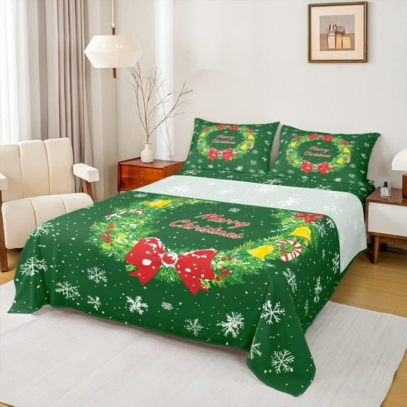 jejeloiu Merry Christmas Bell Twin Sheet Sets,Red Bowtie Bowknot Twin Fitted Sheet,White Snowflake Flat Sheet For Girls,Super Cozy Room Decoration,3-Piece