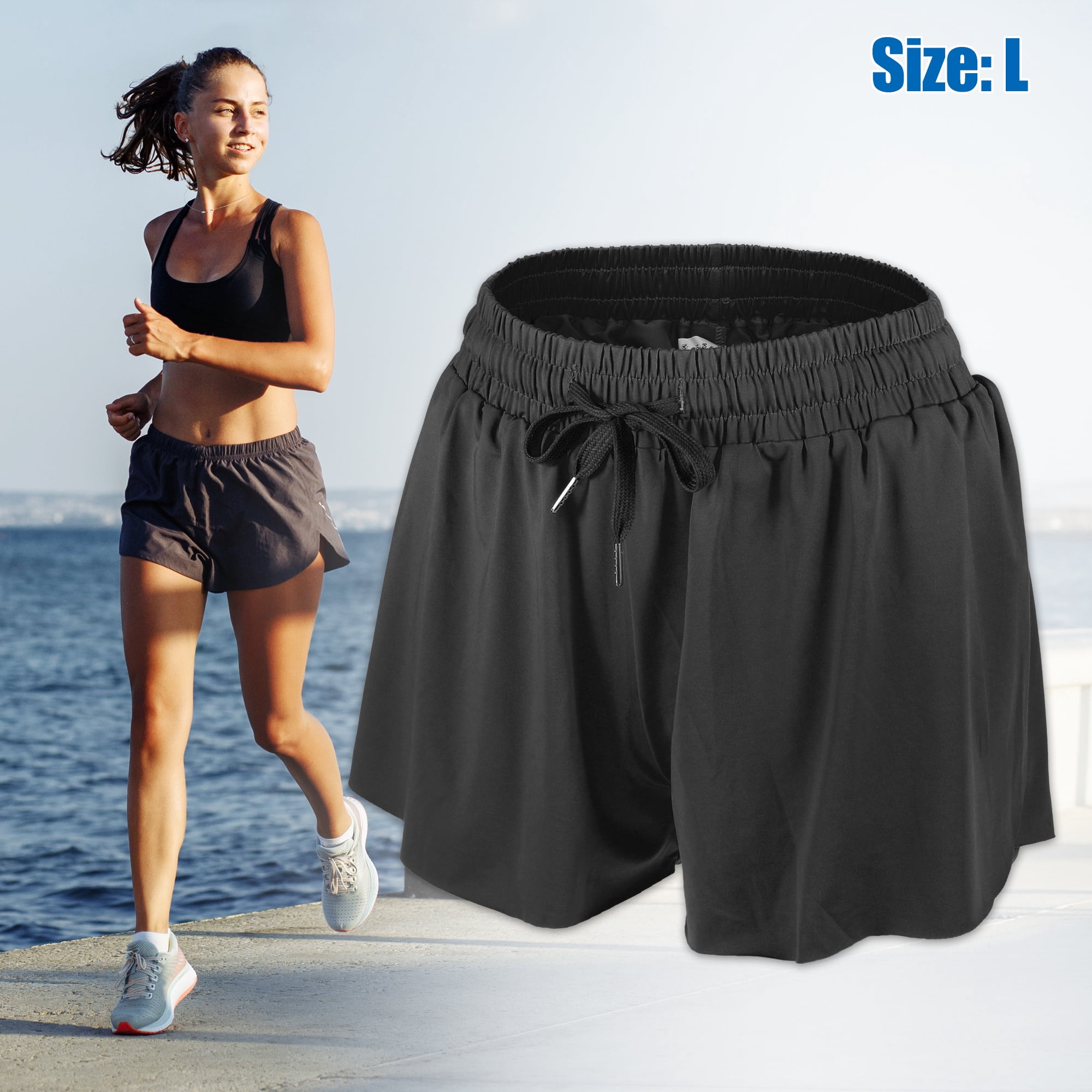 Unique Bargains 1Pcs Women Flowy Running Shorts Casual High Waisted Workout Shorts L Black