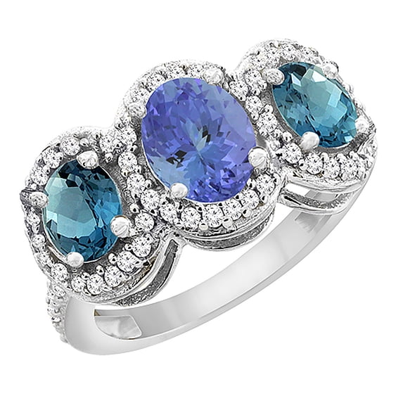 10K White Gold Natural Tanzanite & London Blue Topaz 3-Stone Ring Oval Diamond Accent, size 5.5