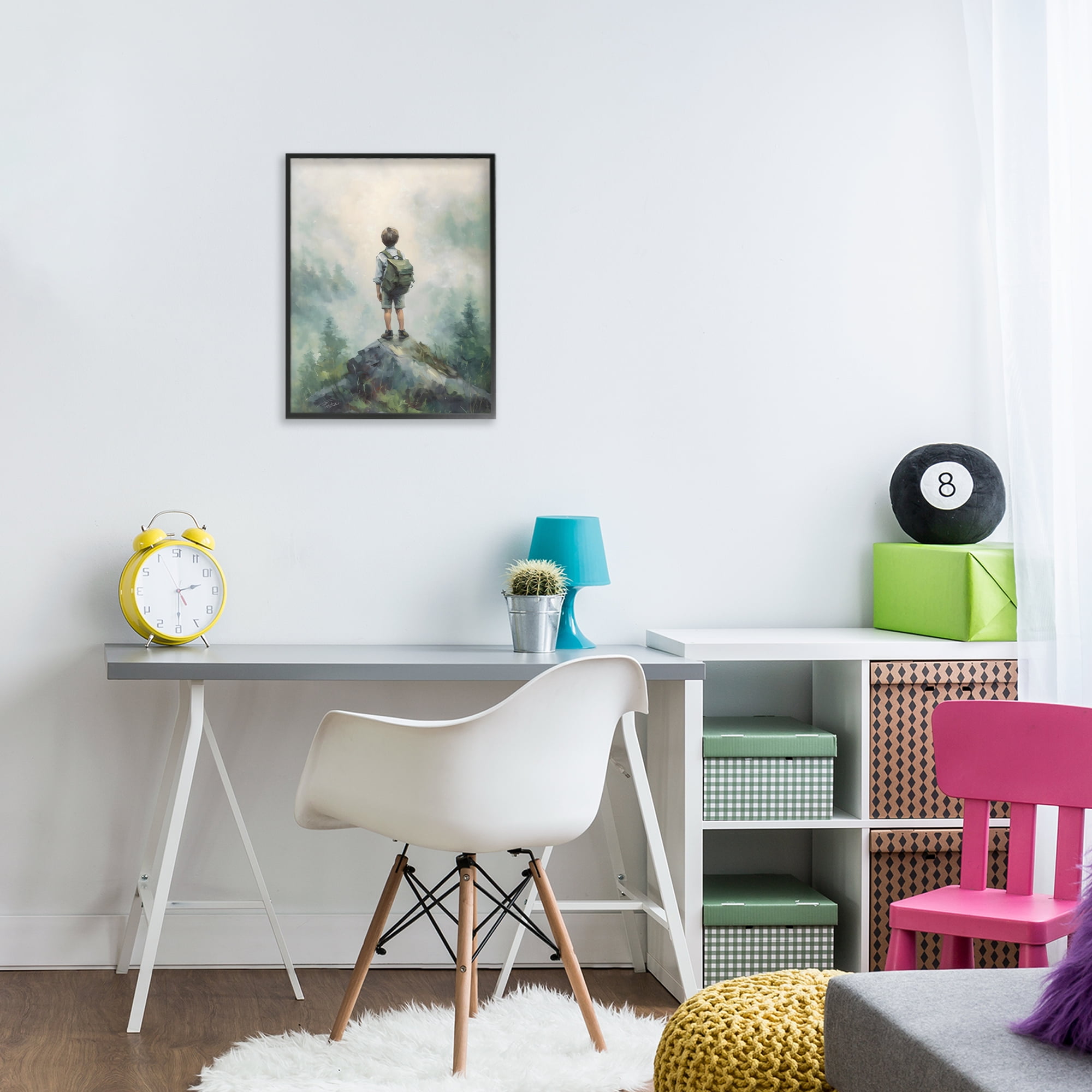 Boy Adventurer Atop Mountain Black Framed Giclee Art, design by Arlington Prints