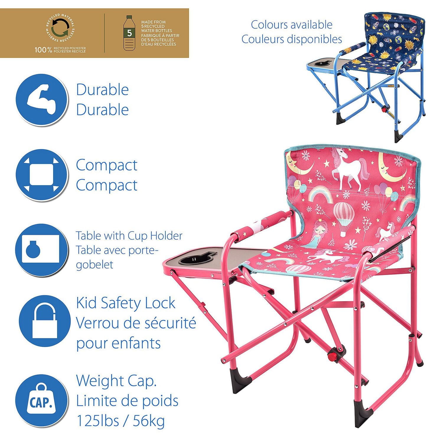 Ozark Trail Kids Director Chair with Side Table, 125lbs Weight Capacity, Blue, Table for Food or Snacks with Cup Holder