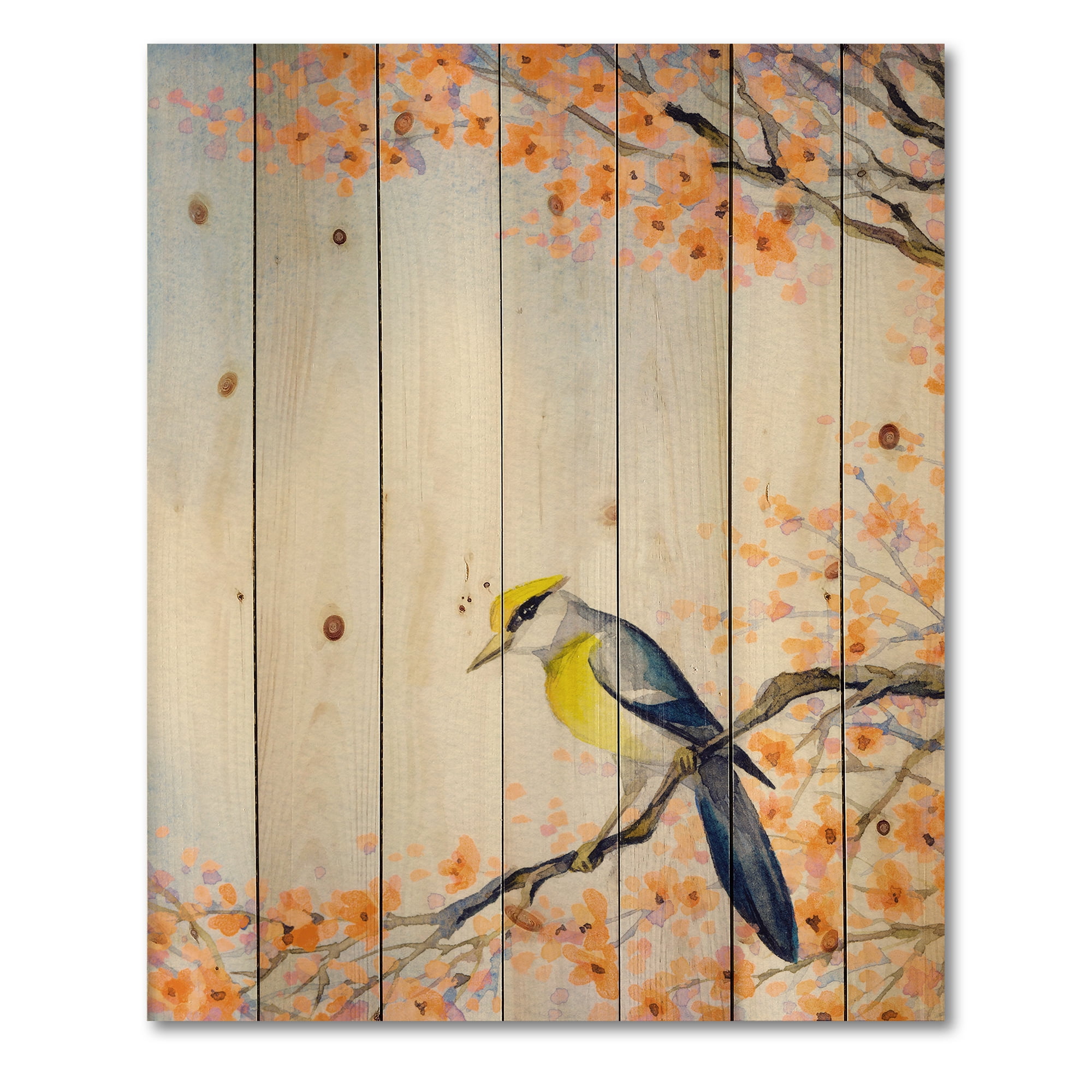 Designart 'Beautiful Blue Bird Sitting On Flowering Branch II' Traditional Print on Natural Pine Wood