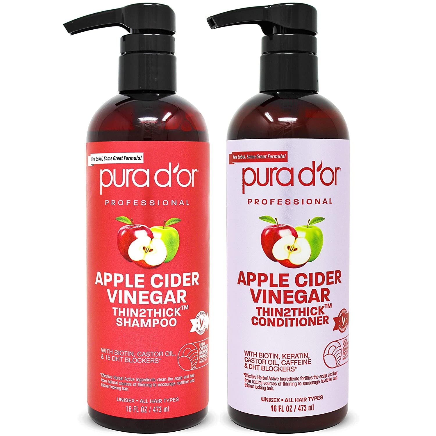 PURA D'OR Apple Cider Vinegar Thin2Thick Set Shampoo Conditioner for  Regrowth, Hair Loss, Clarifying, Detox (2 x 16oz) Biotin, Keratin,  Caffeine, Castor Oil, All Hair Type, Men/Women, Packaging varies -  