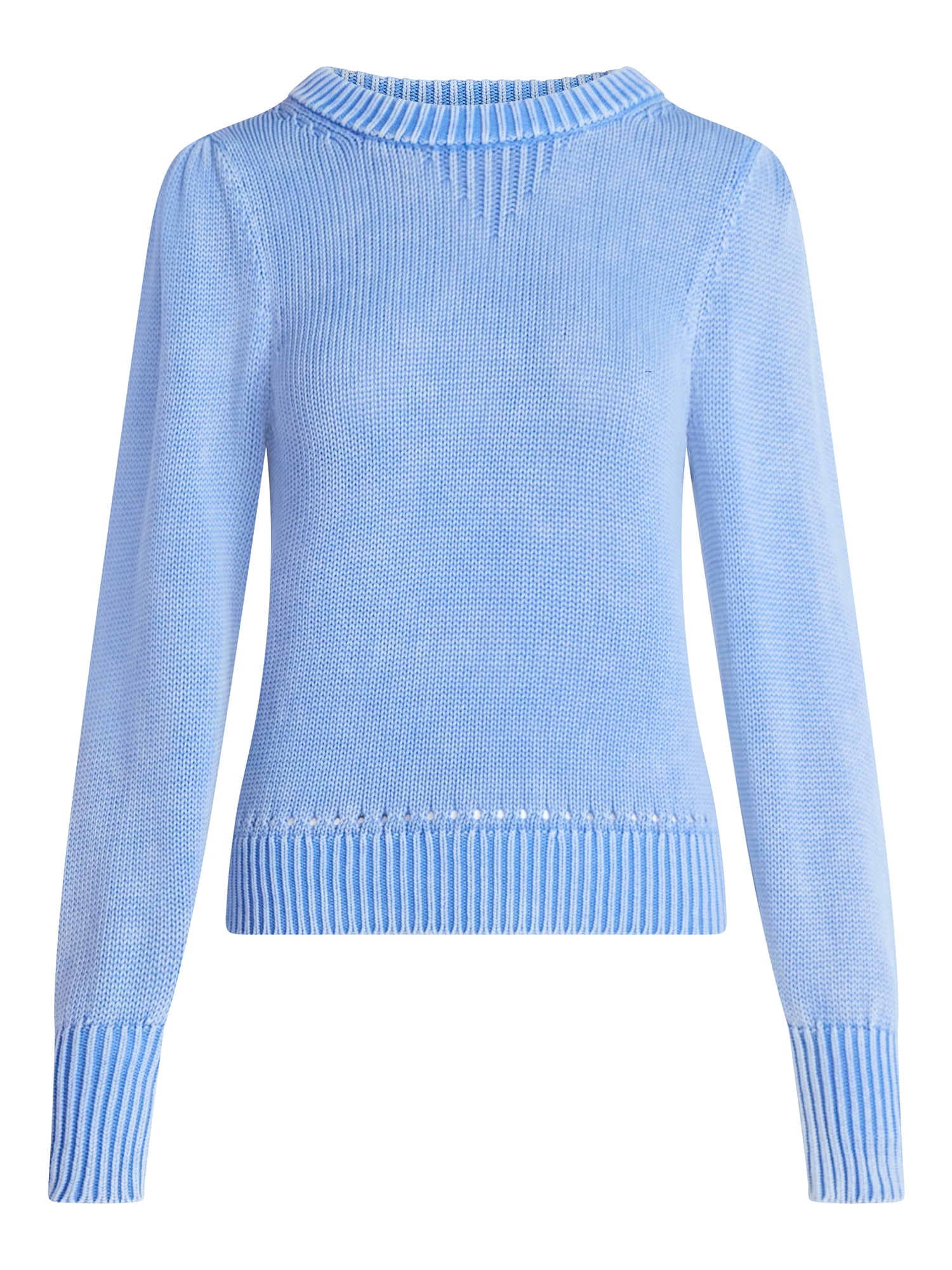 Scoop Women’s Acid Wash Cotton Sweater with Long Puff Sleeves, Midweight, Sizes XS-XXL