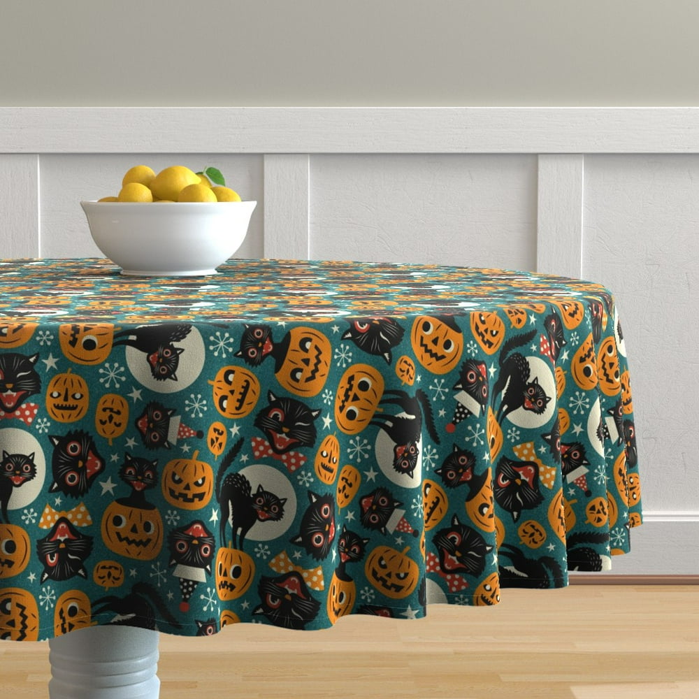 Round Tablecloth Retro Halloween Black Cats Pumpkin Scary Vintage