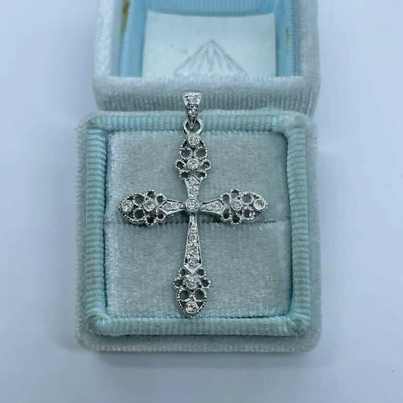 1Ct Round Cut Lab Created Diamond Women's Antique Cross Pendant 14K White Gold Plated 18" Free Chain