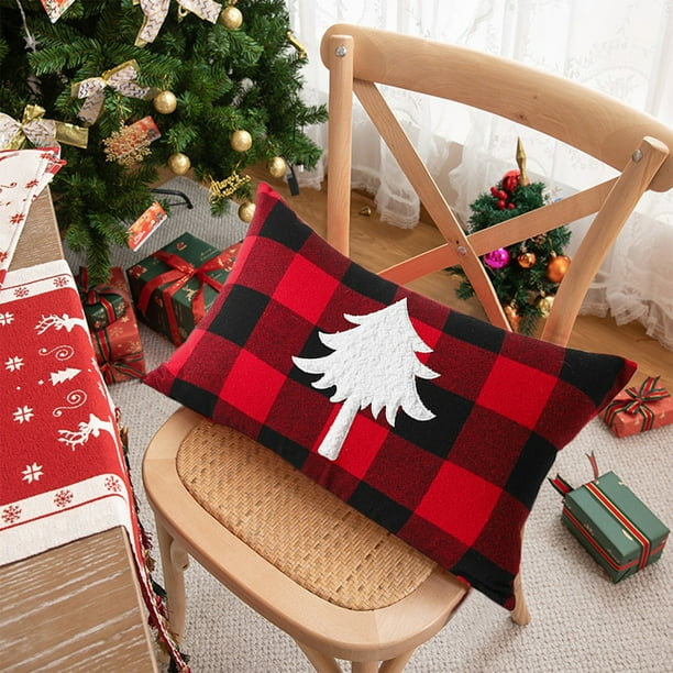 Ganfancp Navidad Rojo y Negro Plaid Bordado Cojín Cojín Funda Cojín Estilo Navidad Dormitorio Salón Almohada Sin Núcleo Ofertas Del Día Sólo En Línea Funda de Cojín X 1