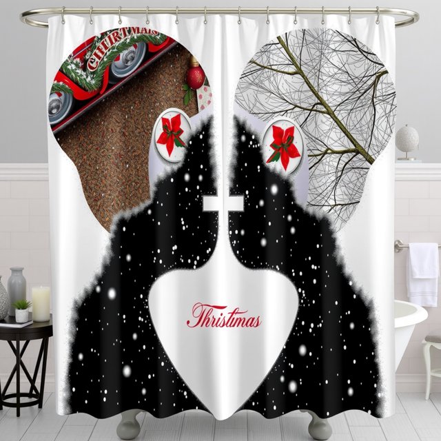 Rideau de Douche de Noël en Forme de Cœur avec Rouge & Poinsettias