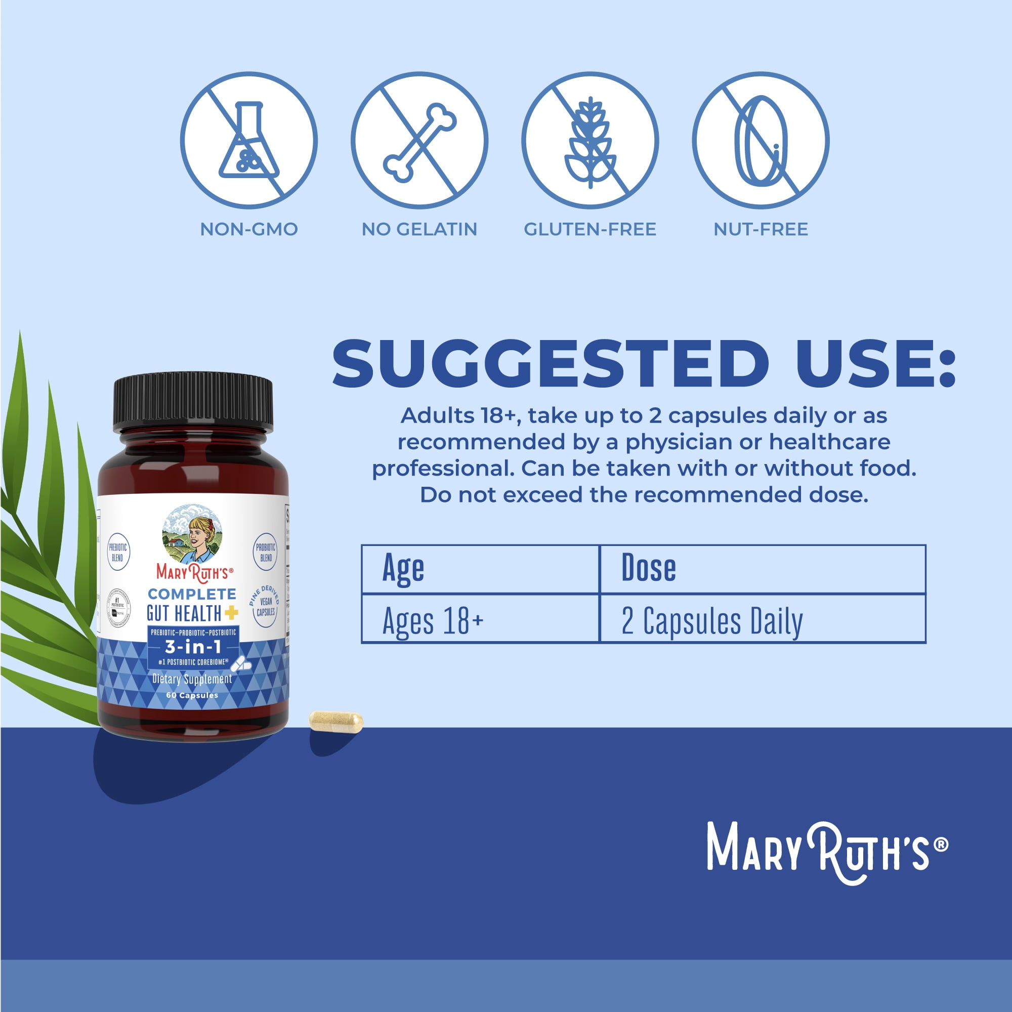 MaryRuth's 3-in-1 Complete Gut Health SCFA Butyrate Capsules Vegan Dairy-Free for Digestive Health, Unisex, Adults Ages 18+, 60 Count