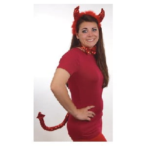 Devil Instant Set - Sexy Red Lady Devil Sequin Horns Bowtie Tail Set Halloween Costume Instant Kit