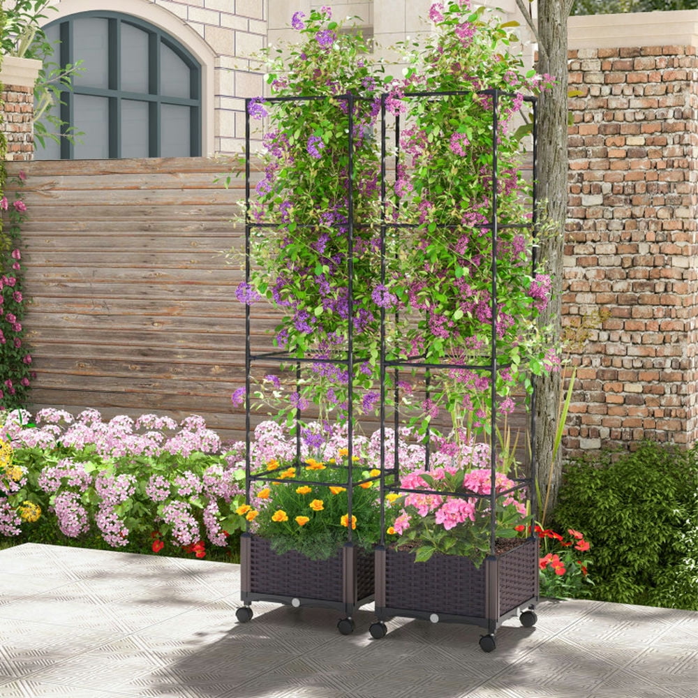 Demifill 67 Inches Raised Garden Bed with Planter Box and Trellis, 2-in-1 Functionality and Expandable Garden Bed, Brown
