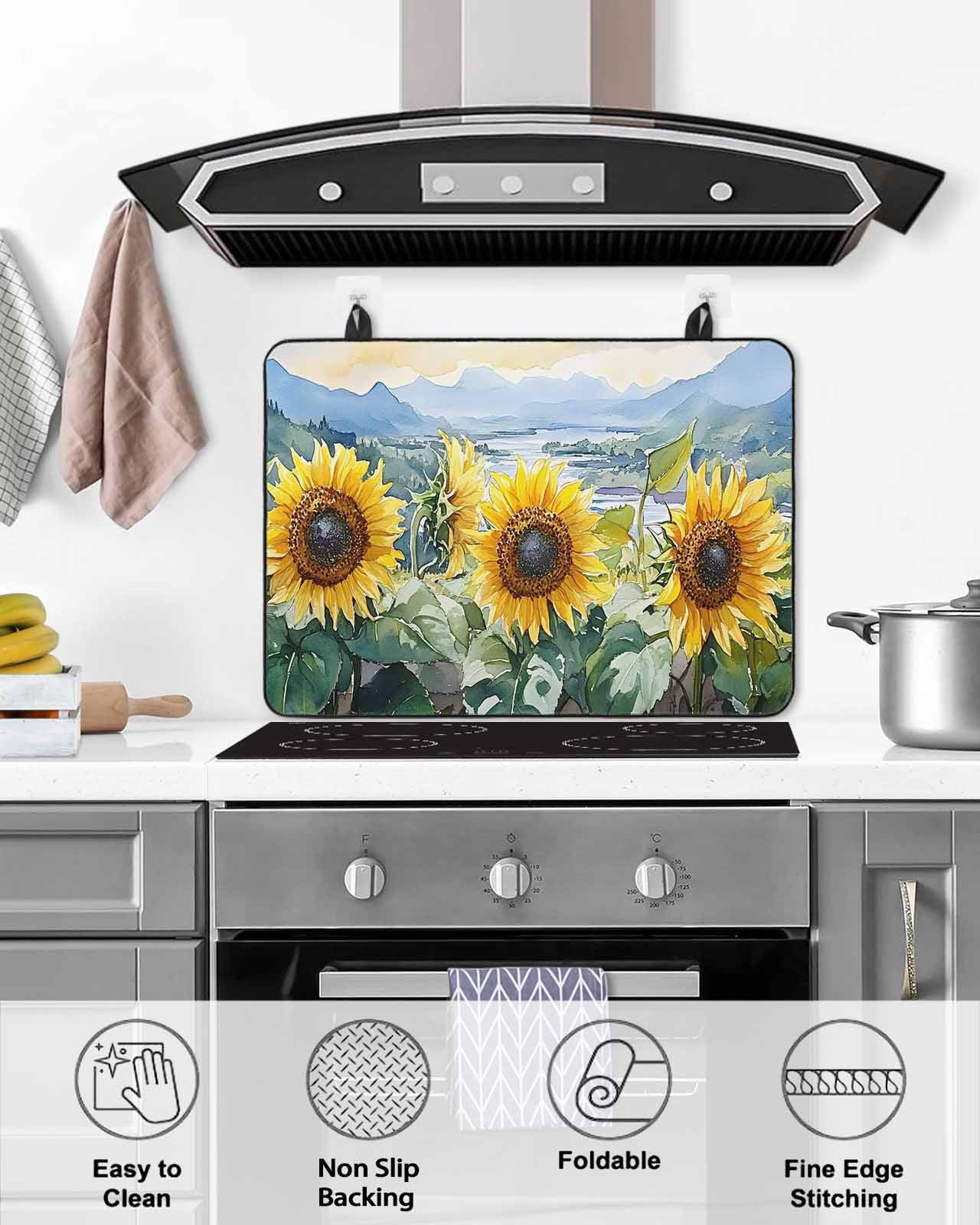 nqOlkjepod Large Induction Cooktop Protector Mat 24"x21", Watercolor Sunflower Stove Top Covers for Electric Stove, Summer Vintage Rustic Botanical Stove Burner Cover Mats, Glass Top Stove Cover