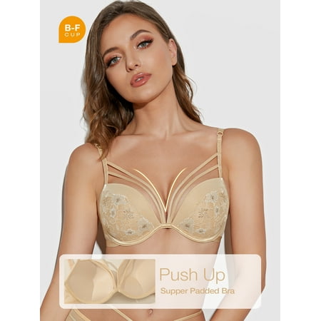 Deyllo Women s Plunge Super Padded Push Up Underwire Support T Shirt Bra  Beige Embroidery 34D