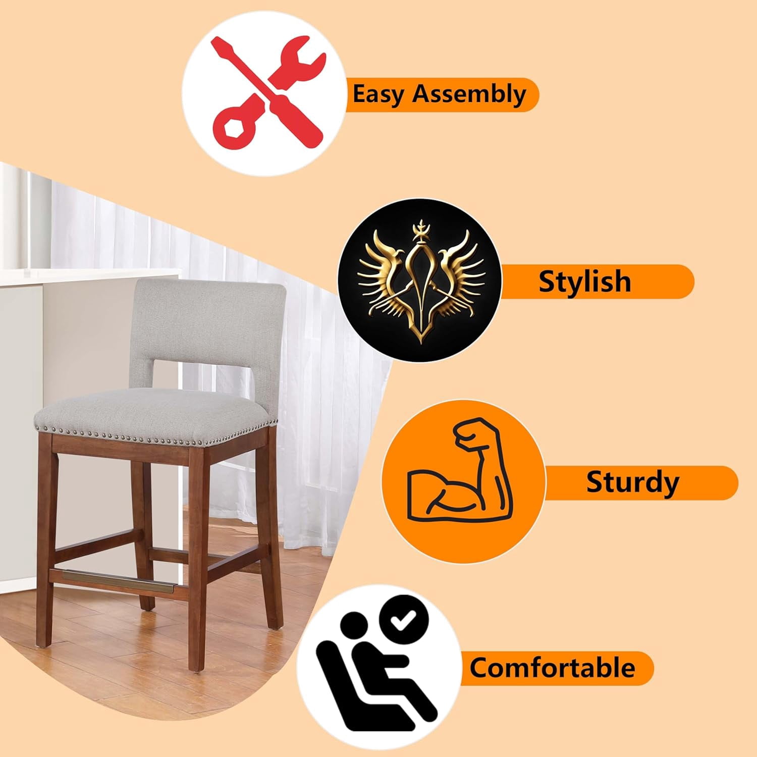 MOONMISS Linen Bar Stool with Open Back Set of 2,26" Seat Height Upholstered Wooden Counter Chair with Nailhead Trim for Kitchen
