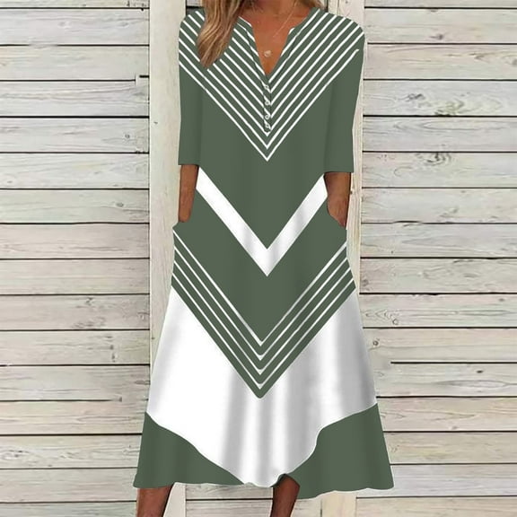 Ynynloco Women Chevron Striped 3/4 Sleeve A Line Maxi Dress – Casual Swing Dress with Pockets for Vacation Daily Wear