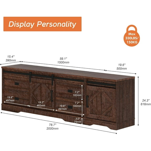 78." Modern Farmhouse TV Stand with Drawers, Adjustable Shelf, and Barn for 85" TVs - Rustic Brown
