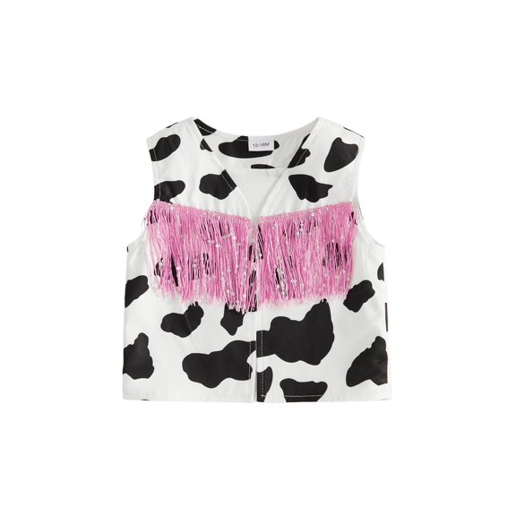 Cenuakty Toddler Girl Vest Cow Pattern Tassel Sleeveless Boho Western Cowgirl Jacket