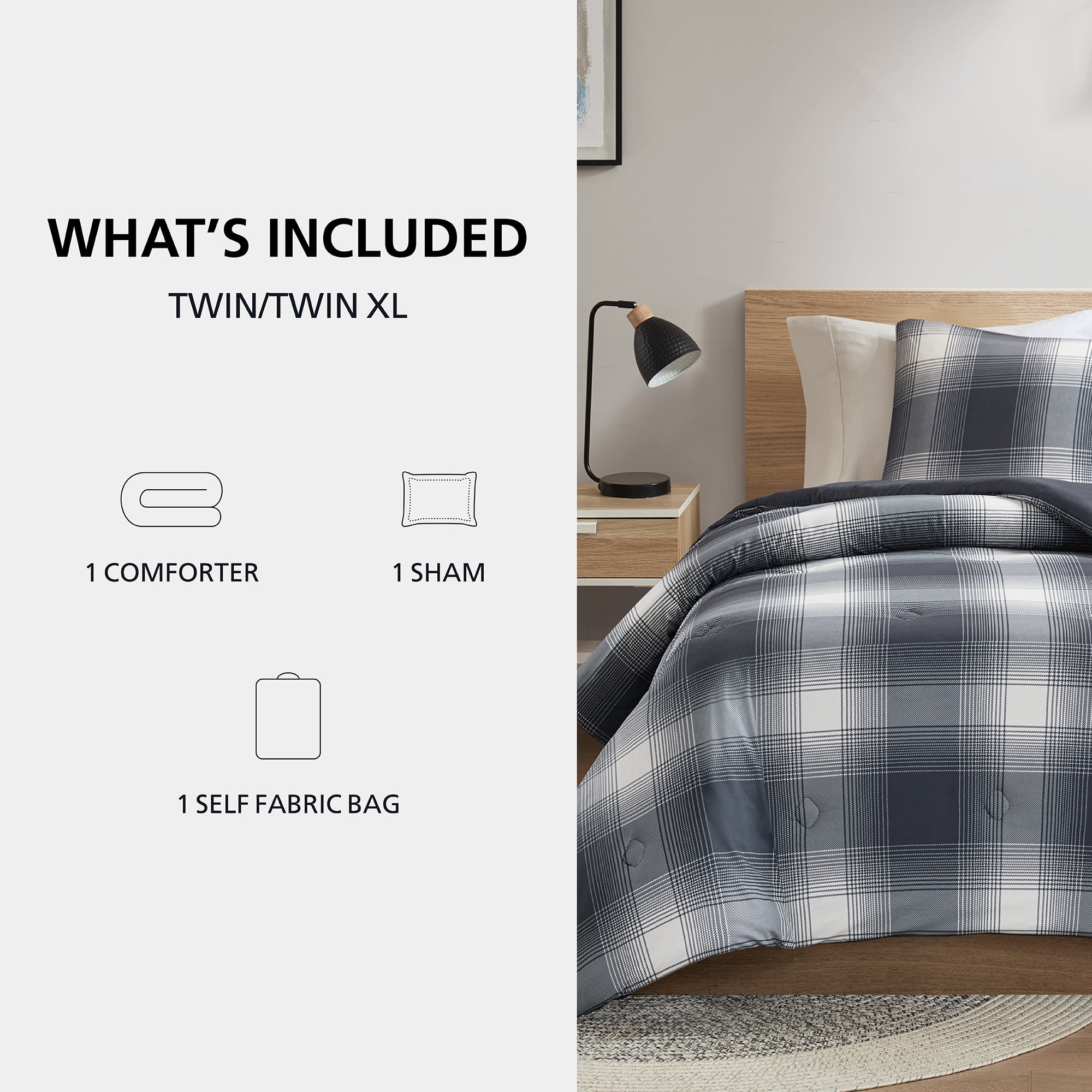 Mainstays Shadow Plaid 2-Piece Grey Comforter Set, Twin/Twin XL