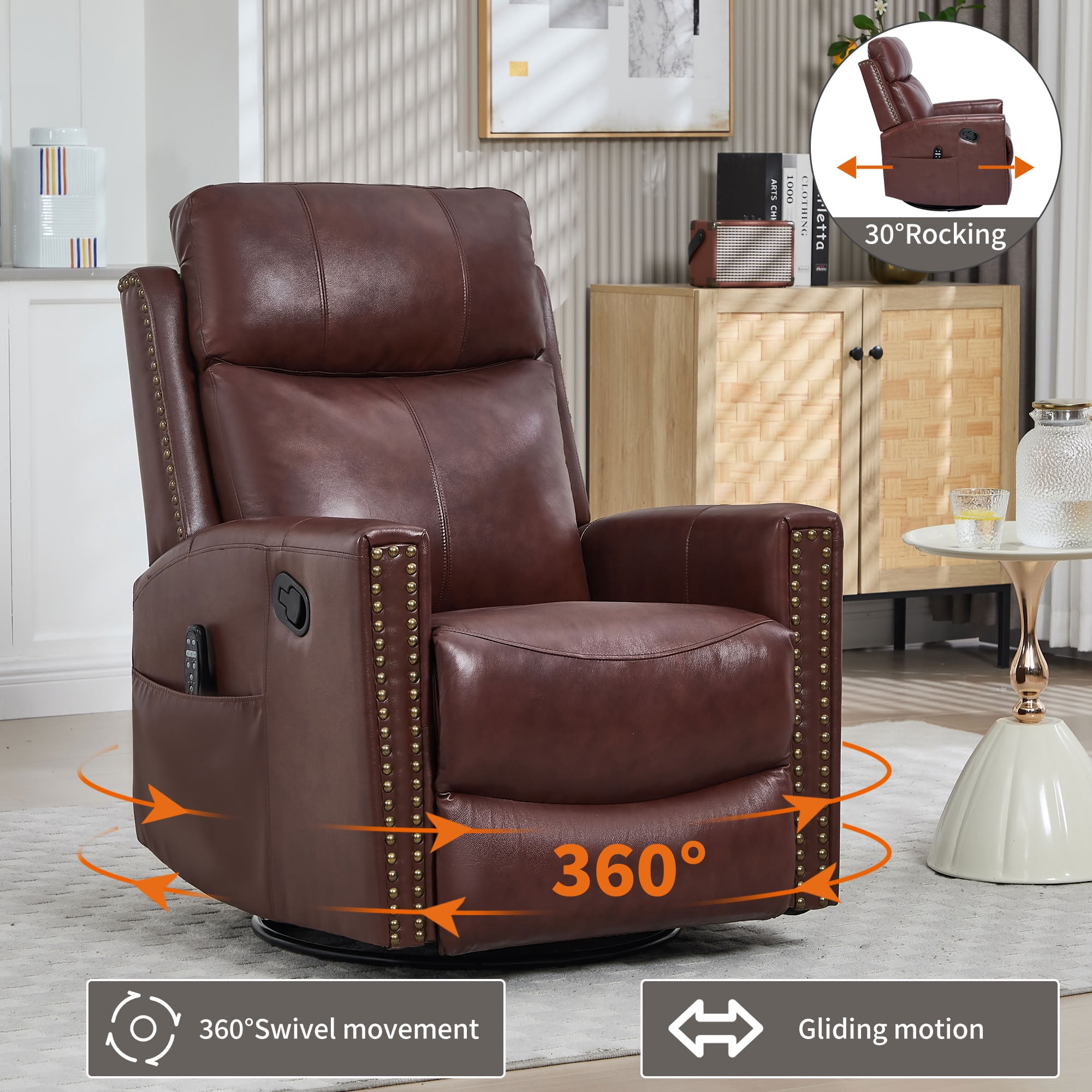 MAYEERTY Genuine Leather Swivel Recliner Chair, Manual Rocker Lounge Chair with 8-Point Massage & Lumbar Heat, for Living Room Home Theater