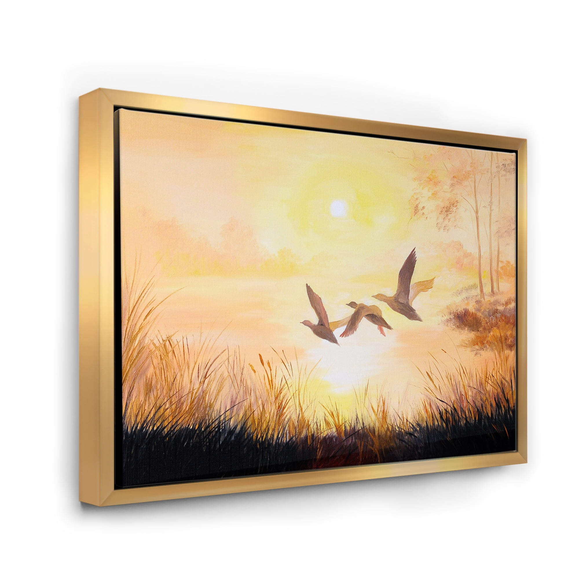 Three Cranes Flying Through Warm Sunset 32 in x 24 in Framed Painting Canvas Art Print, by Designart
